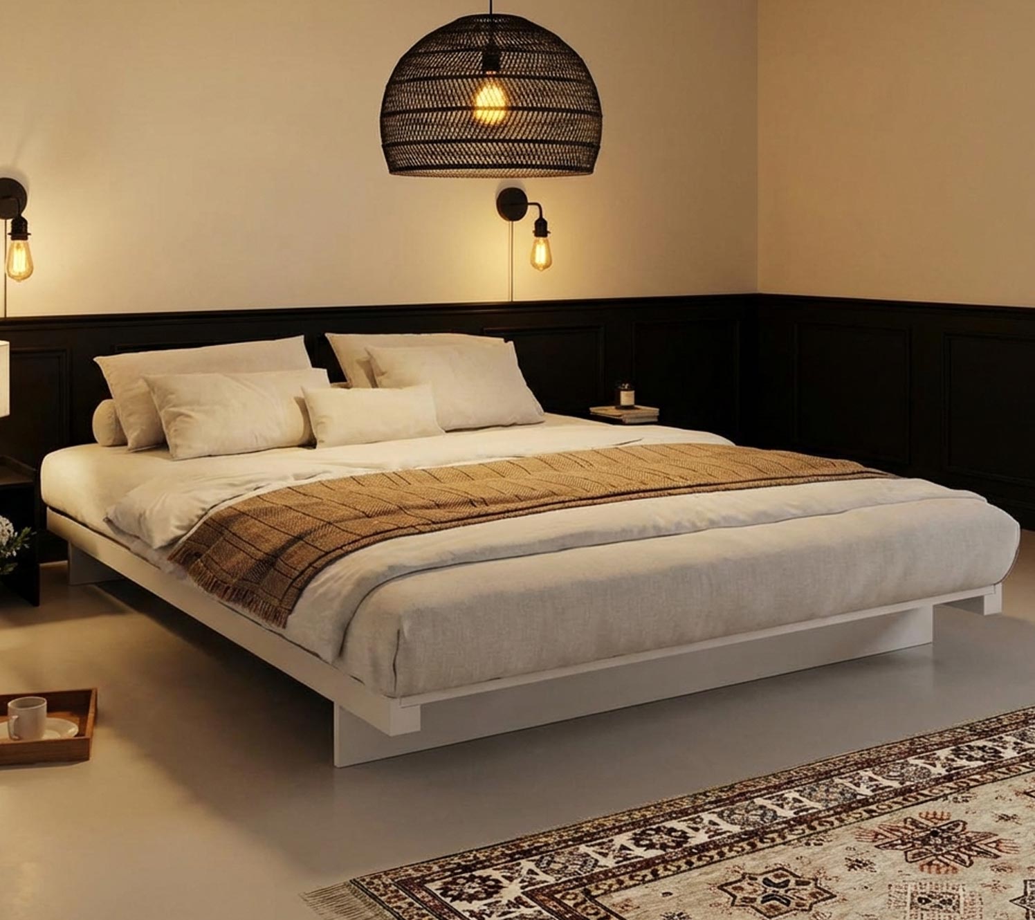 Soft lighting for cream and black bedrooms